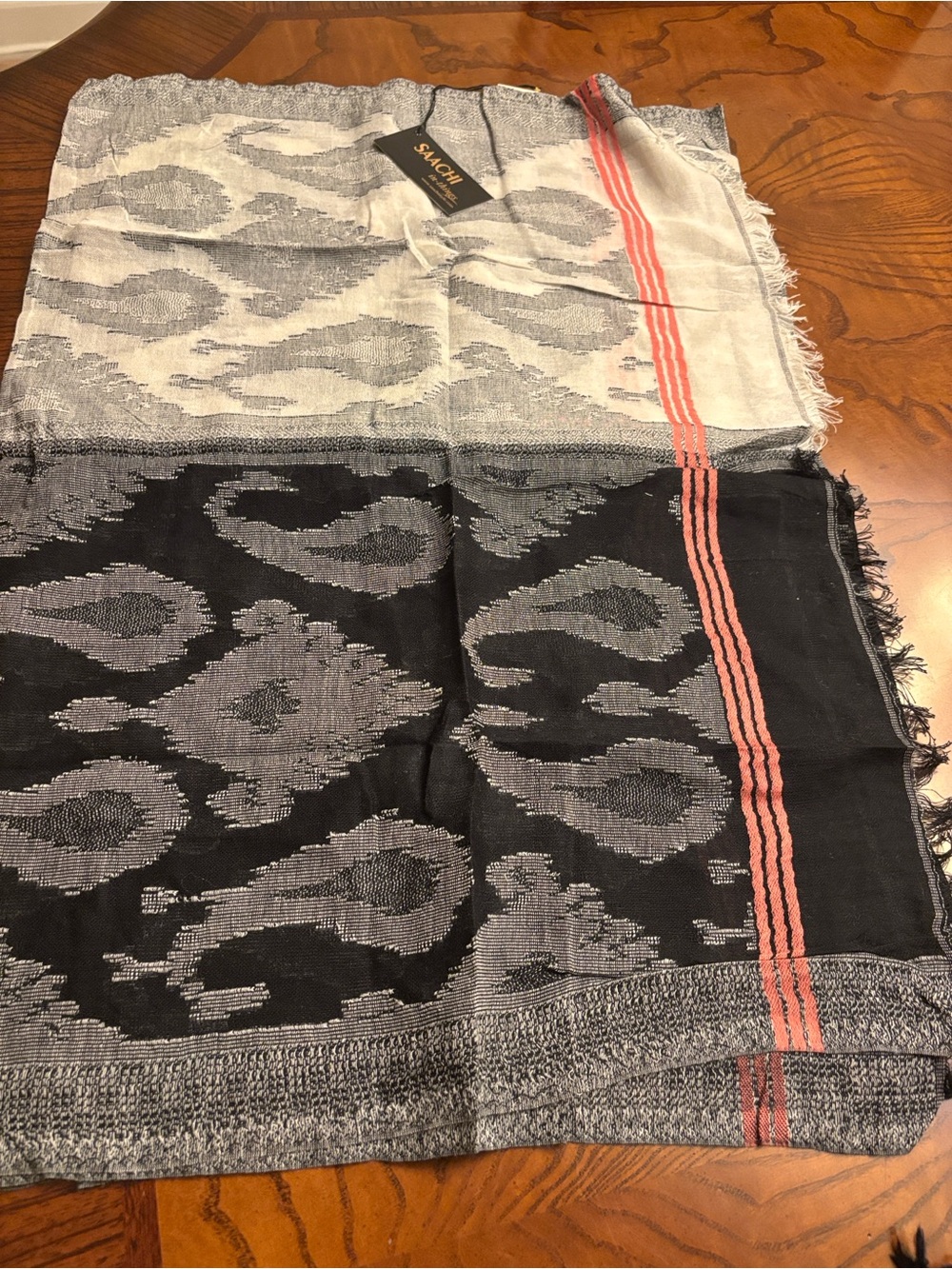 Saachi Two-Tone Ikat 100% cotton Scarf with Coral Stripe
